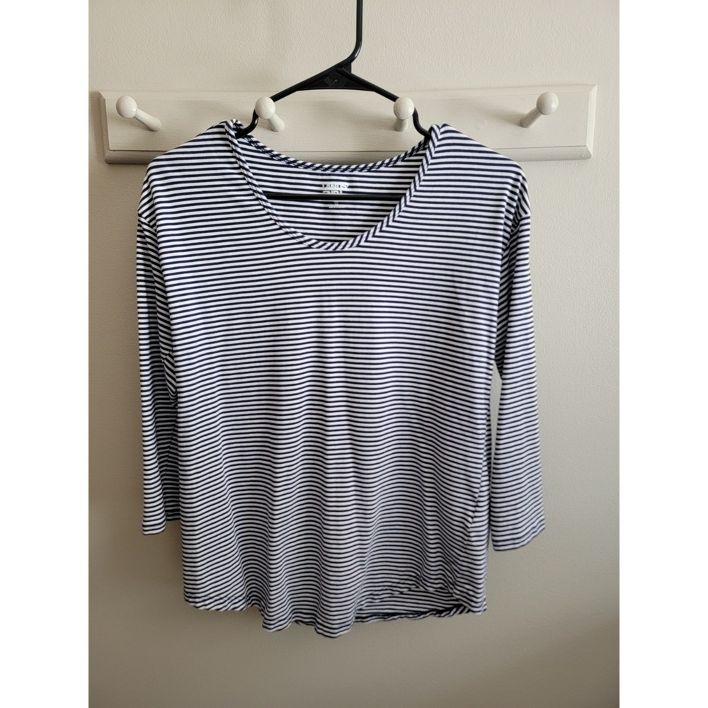Lands' End Women's XS 2-4 Navy White Striped 3/4 Sleeve Round Neck Tee Basic EUC